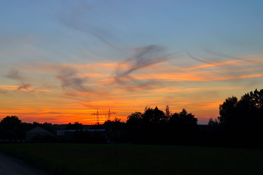 clouds, the sun, landscape, sunset, sky, tree, plant, orange color HD wallpaper