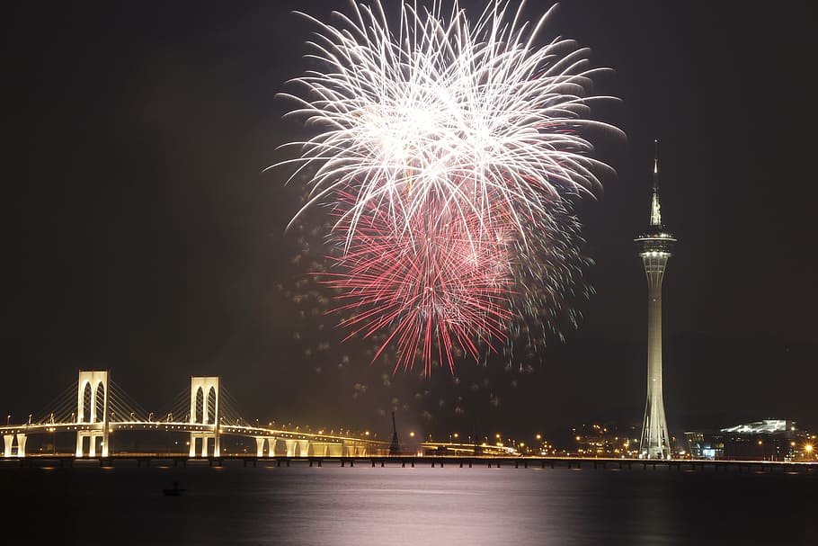 fireworks during night time, Macau, Landscape, firework Display HD wallpaper