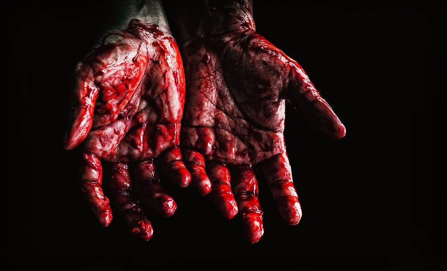 Hand Full of Blood, adult, art, background, black, bloody, creepy, HD wallpaper