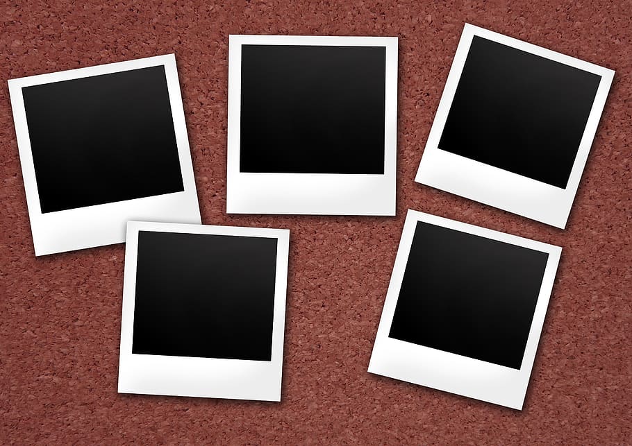 five white-and-black pads, polaroid, cork wall, photos, retro