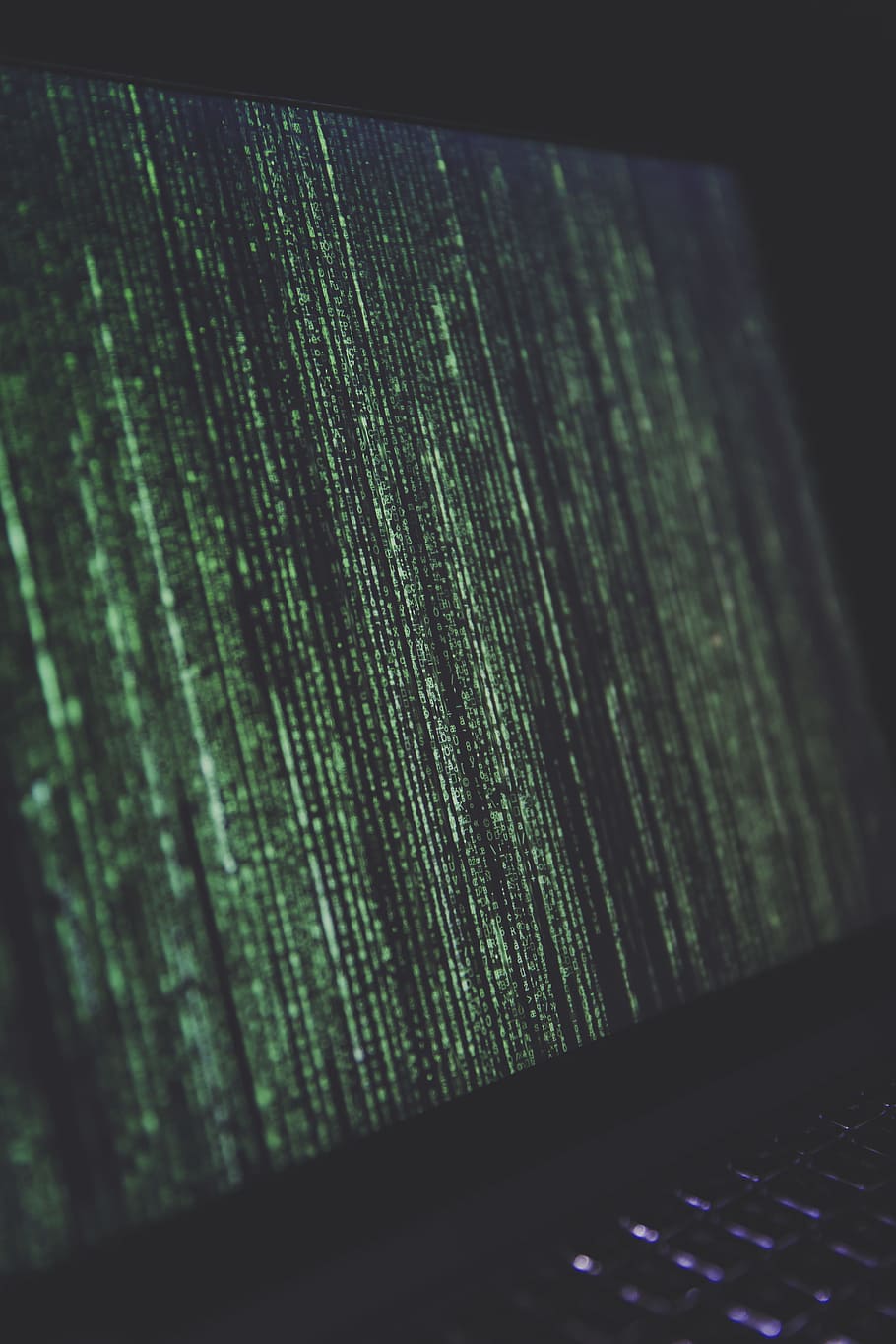black laptop computer turned on, Matrix illustration on laptop monitor HD wallpaper