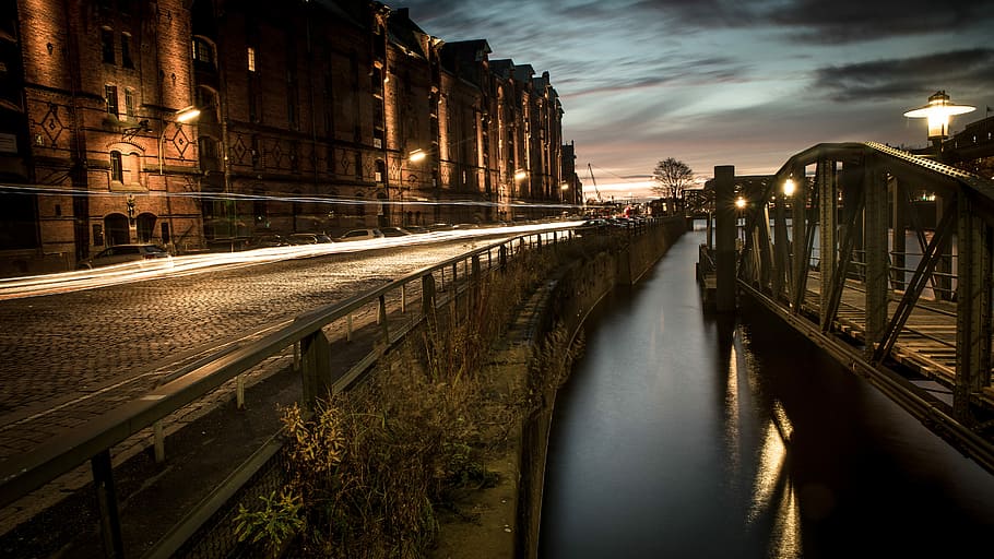 bridge near concrete road, time-lapse photo of cars, river, stream HD wallpaper