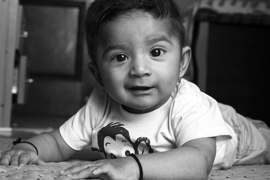 grayscale photo of boy crawling and smiling, kid, smile, happy HD wallpaper