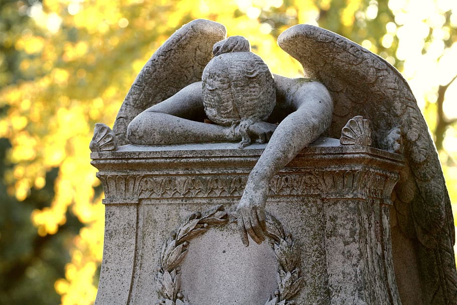 gray concrete statue, angel, headstone, cemetery, grave, tombstone