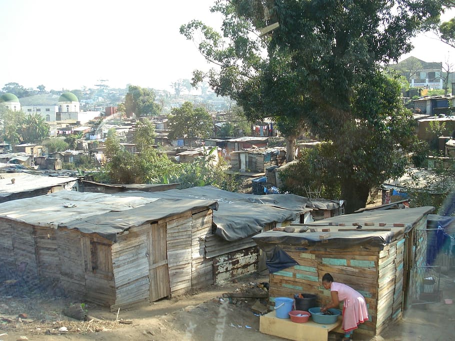 girl washing clothes near houses, poverty, slum, shanty town, HD wallpaper