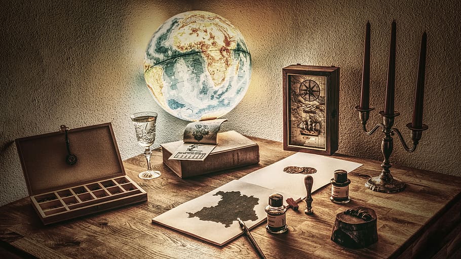 desk globe beside book, rustic, ancient, map, tusche indian ink