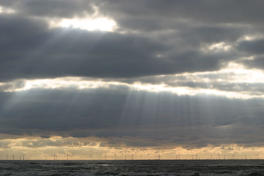 Sea, Clouds, Sunbeam, Atmospheric, wind park, offshore, wind power, HD wallpaper