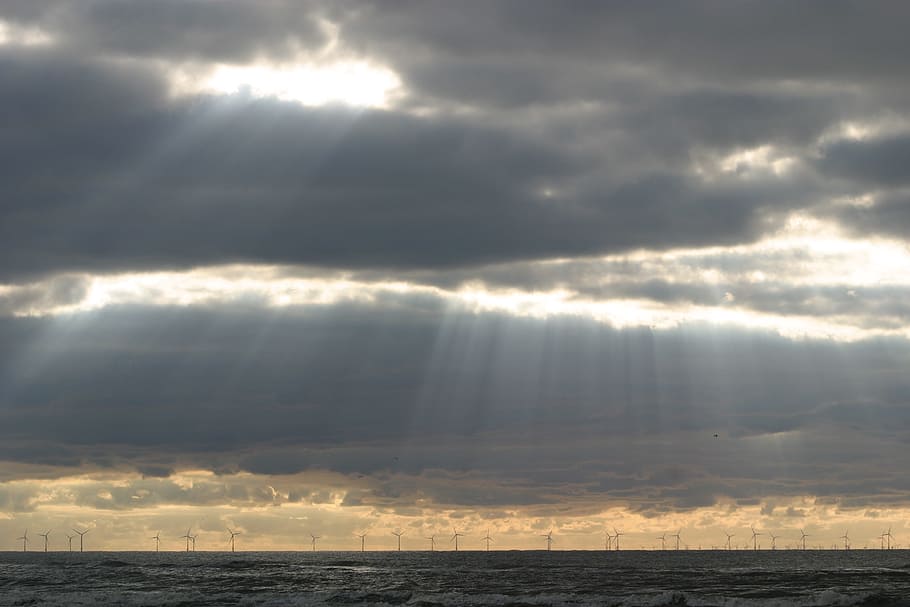 Sea, Clouds, Sunbeam, Atmospheric, wind park, offshore, wind power HD wallpaper