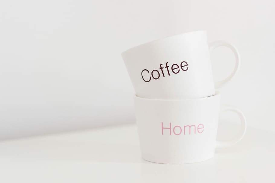 two white ceramic mugs, coffee mug, still life, text, food and drink HD wallpaper