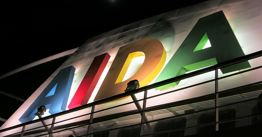 aida, logo, night, architecture, low angle view, illuminated HD wallpaper