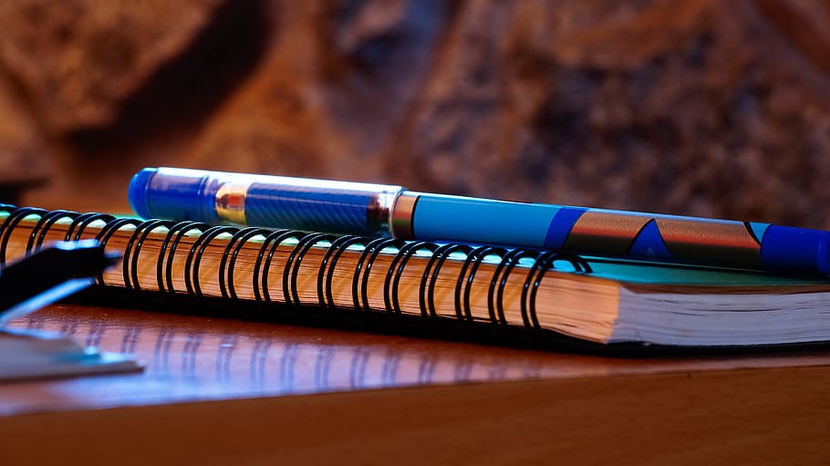 desk, notebook, pen, paper, close-up, indoors, no people, writing instrument HD wallpaper