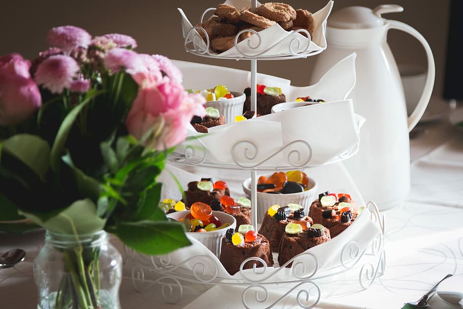 white wrought iron cake tray, wedding, food, table, decoration HD wallpaper