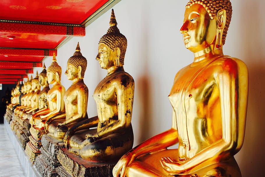 Gautama Buddha statues, bangkok, gold, meditation, buddhism, thailand, HD wallpaper