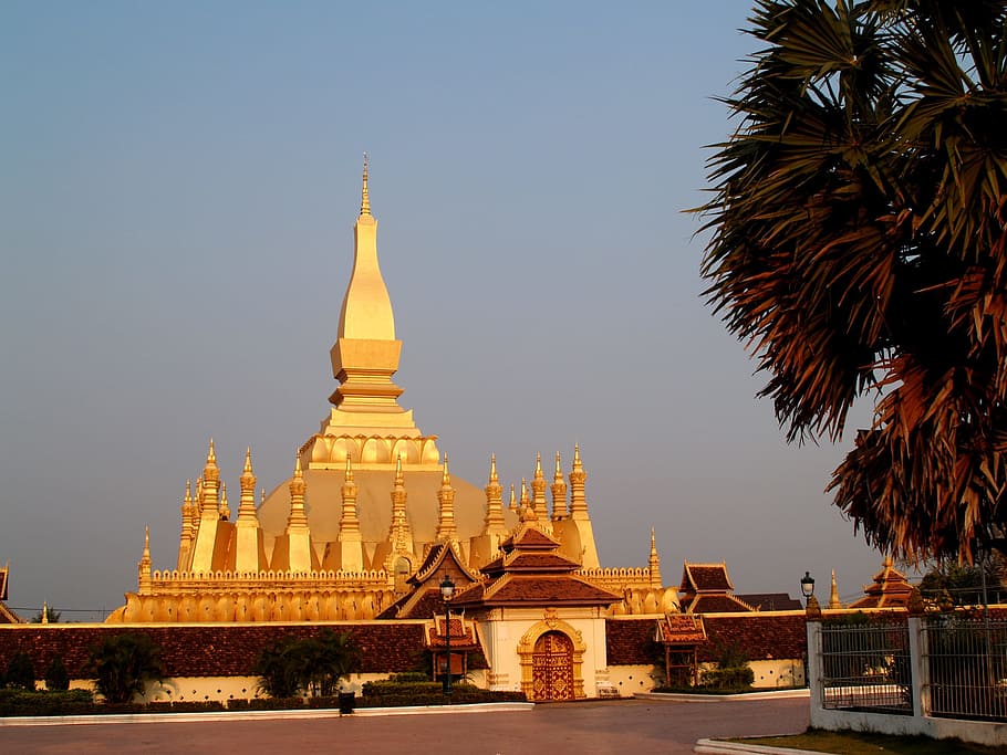 golden pagoda, wat pha-that luang, vientiane, laos, monument, HD wallpaper