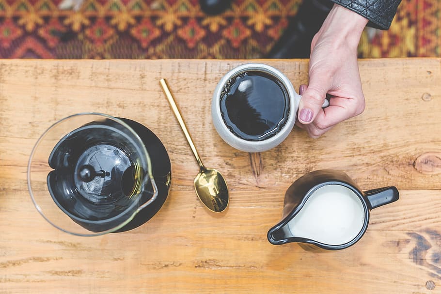 black, brewed, coffee, milk, hot, cold, drink, cup, spoon, coffeehouse HD wallpaper