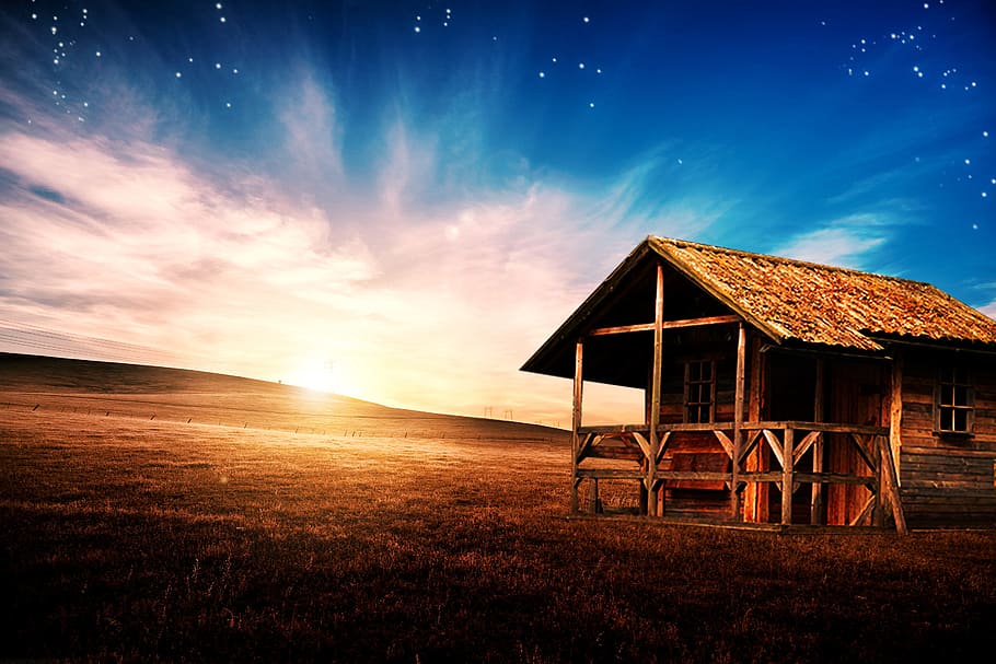 Landscape, Field, Hut, Sunset, Sky, agriculture, rural scene HD wallpaper