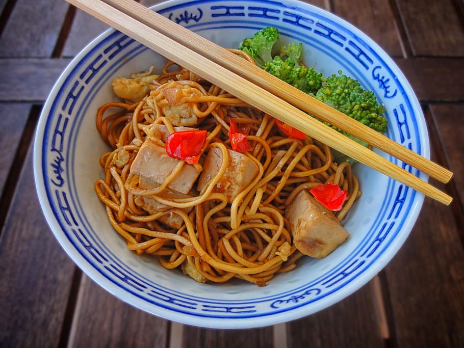 bowl of noodles with chopsticks, food, dinner, asia, meals, breakfast