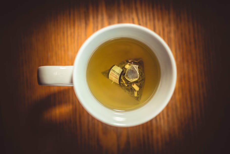 white ceramic mug filled with tea, bag, cup, drinks, food and drink HD wallpaper