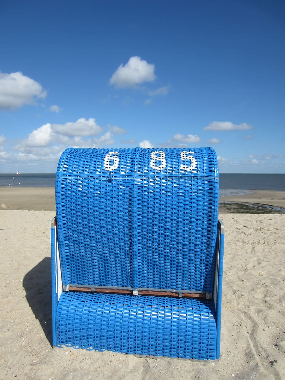 beach, blue, beach chair, clouds, land, sky, sand, cloud - sky HD wallpaper