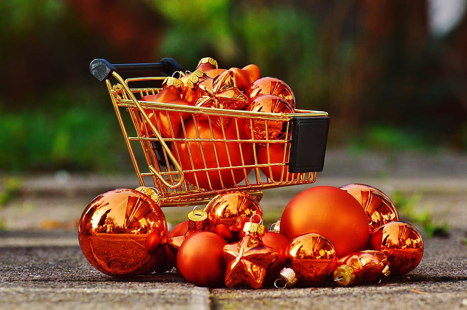 christmas shopping, shopping cart, christbaumkugeln, business, HD wallpaper