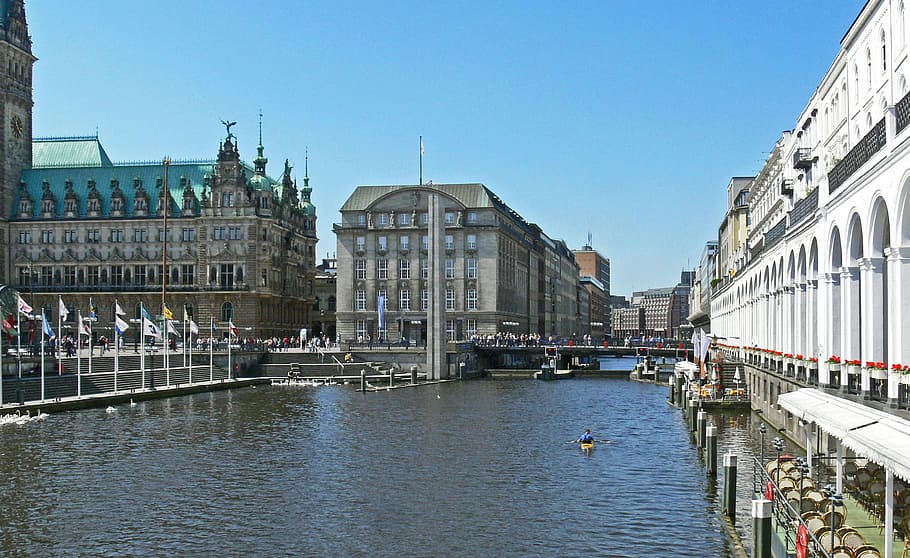 Hamburg, Canal, Alster, Terraces, alster terraces, alsterarkaden, HD wallpaper