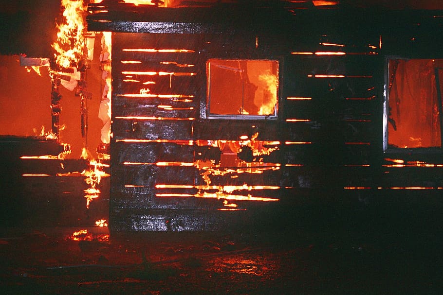 house being burned, burning, fire, flames, illuminated, reflection HD wallpaper