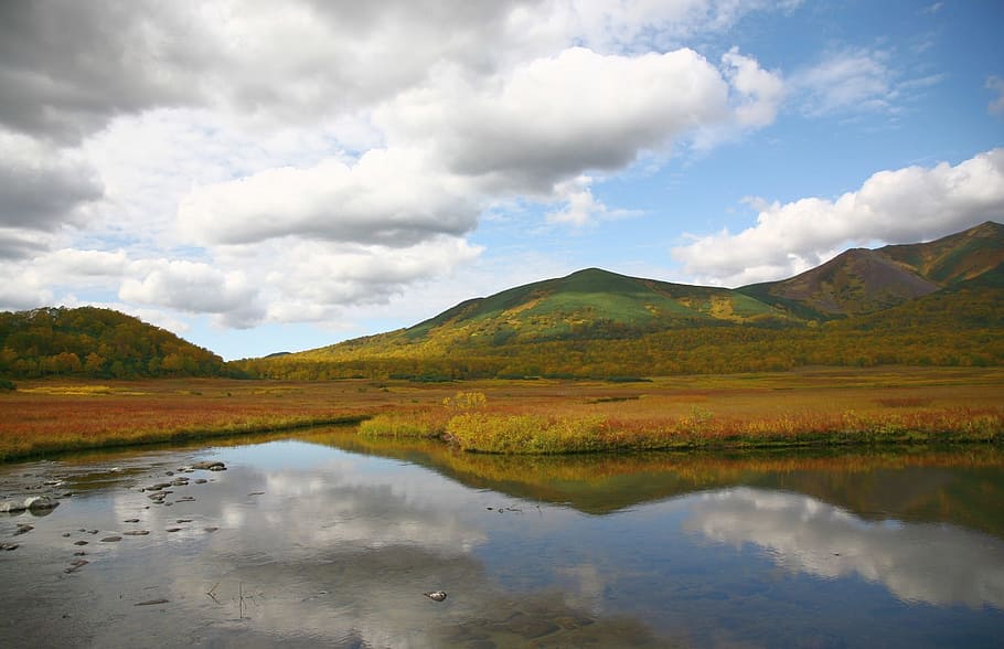lake, mountains, sky, clouds, autumn, reflection, nature, landscape HD wallpaper
