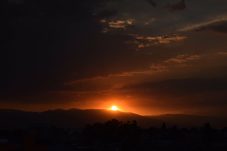 sunset, sky, nature, landscape, mountain, orange, silhouette HD wallpaper