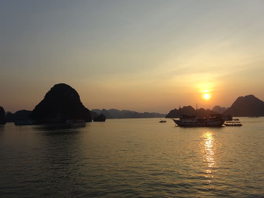 vietnam, ha long bay, sunset, a boat journey, sky, scenics - nature, HD wallpaper