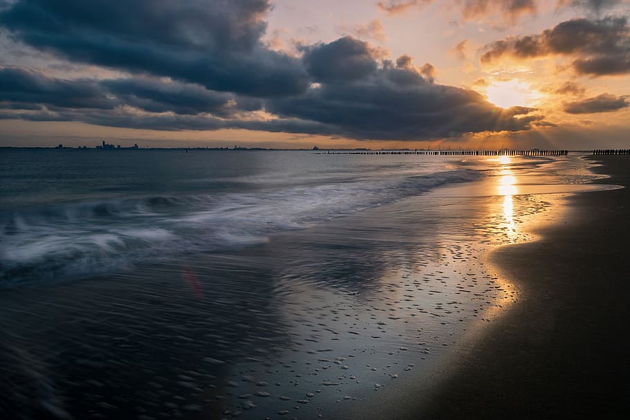 sunrise, sky, clouds, sea, reflection, horizon, beach, ocean HD wallpaper