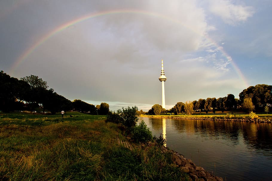 white tower near river, Mannheim, Neckar, Tv Tower, Rainbow HD wallpaper