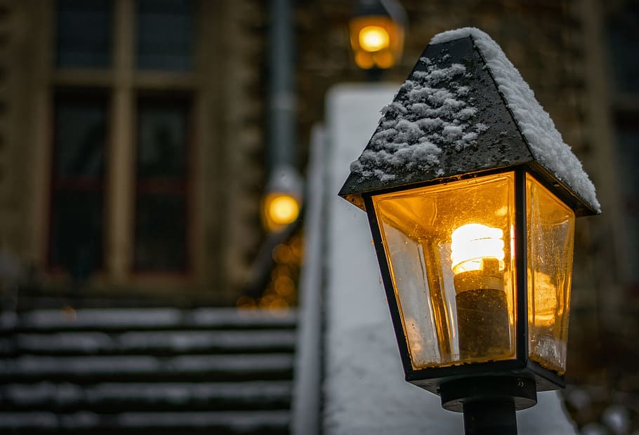 brown sconce at winter, lantern, light, lamp, iron lantern, lighting, HD wallpaper