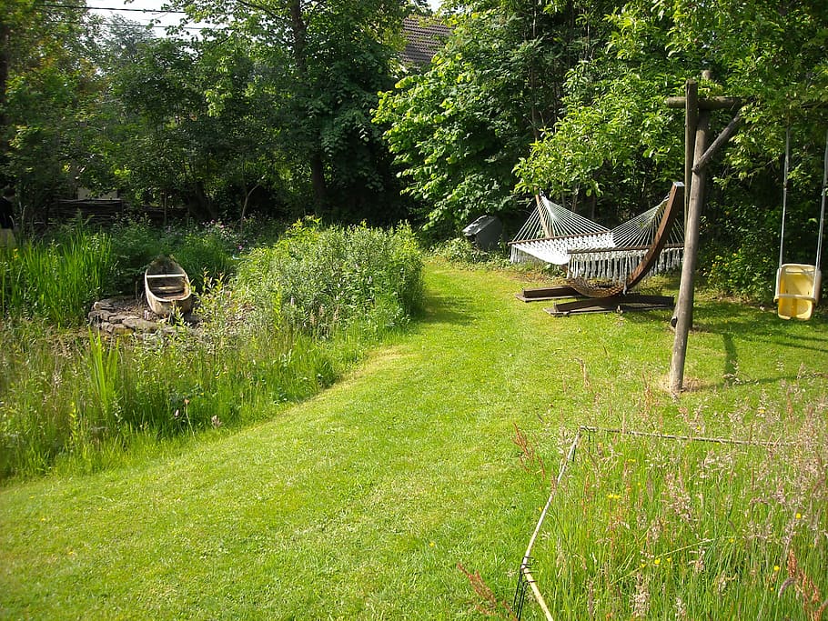 garden, nature, green, trees, grass, pond, hammock, rowing boat