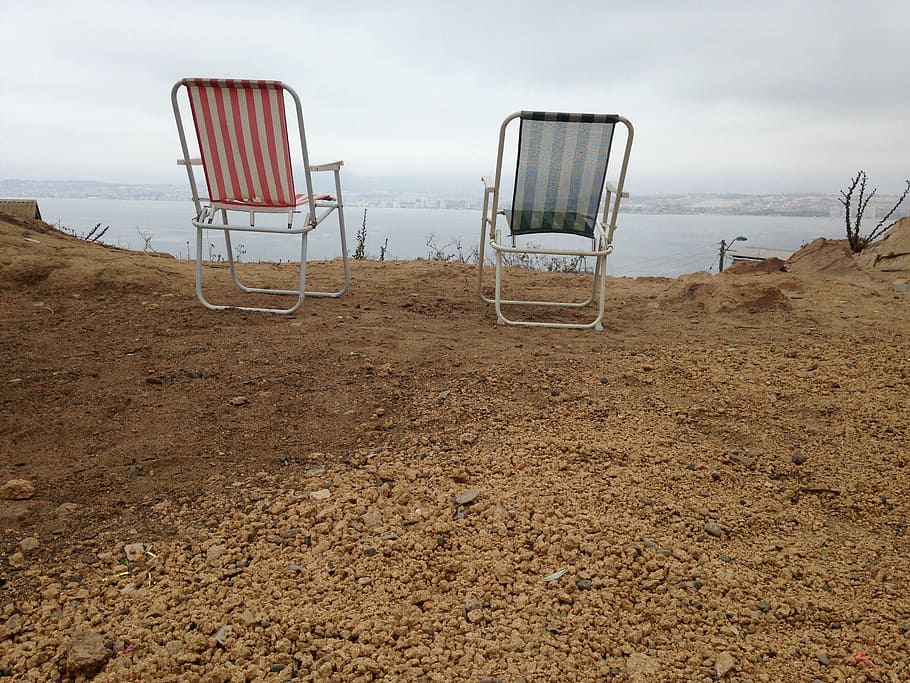 alone, two, couple, sitting, chairs, outdoors, land, sky, tranquility HD wallpaper