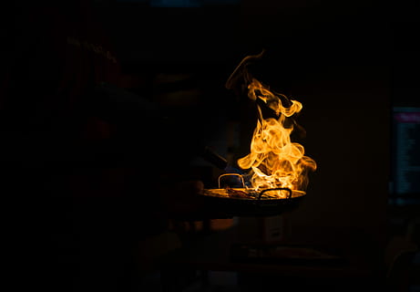 selective color photo of flamed grill, cooking pan with fire HD wallpaper
