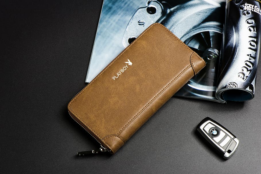 Playboy leather long wallet beside vehicle fob, briefcase, bags, HD wallpaper