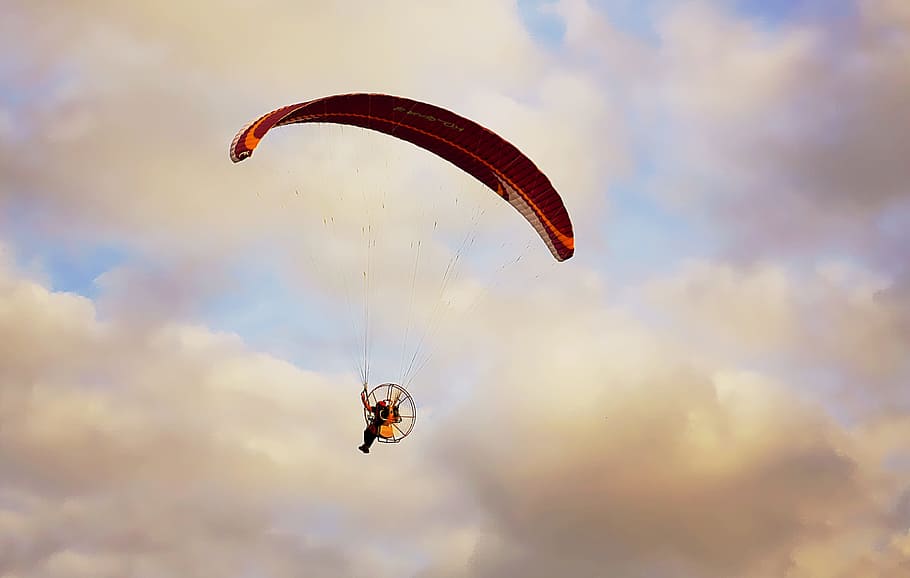 Sky, Cloud, Sunset, Paramotor, Wing, flight, person, cloudy HD wallpaper