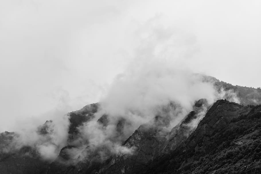 Mountain, Clouds, Weather, sky, blackandwhite, scene, nature HD wallpaper