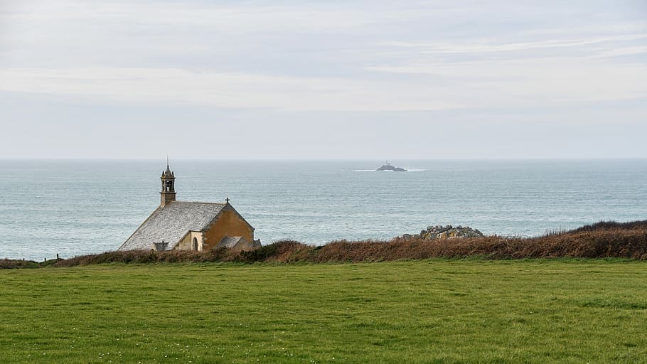 green grass field, sea, chapel, sky, rock, landscape, side, church