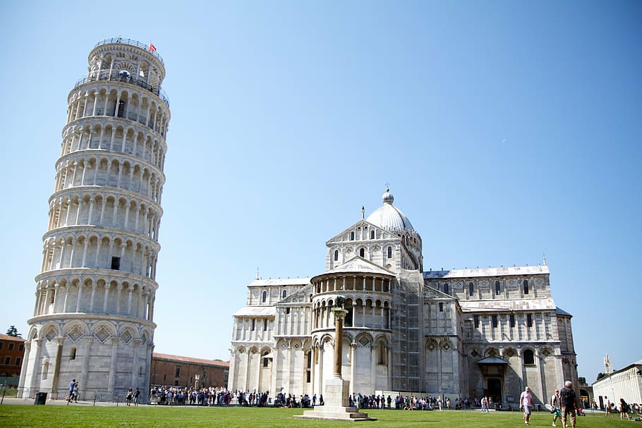 leaning tower of piza under blue sky, italy, pisa, monument, history