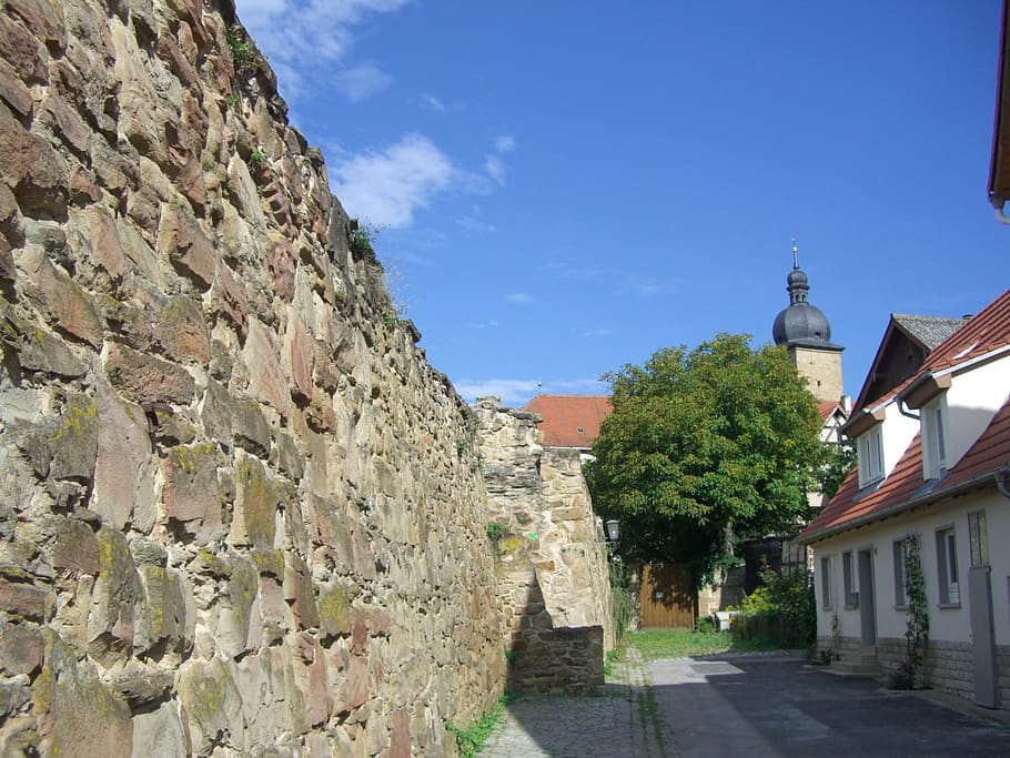 city wall, masonry, alley, zeil, mainfranken, sky, blue, architecture