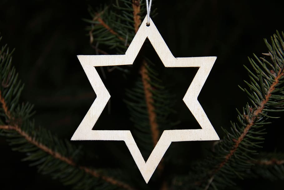 close-up photo of star bauble hanging on green pine tree, christmas HD wallpaper