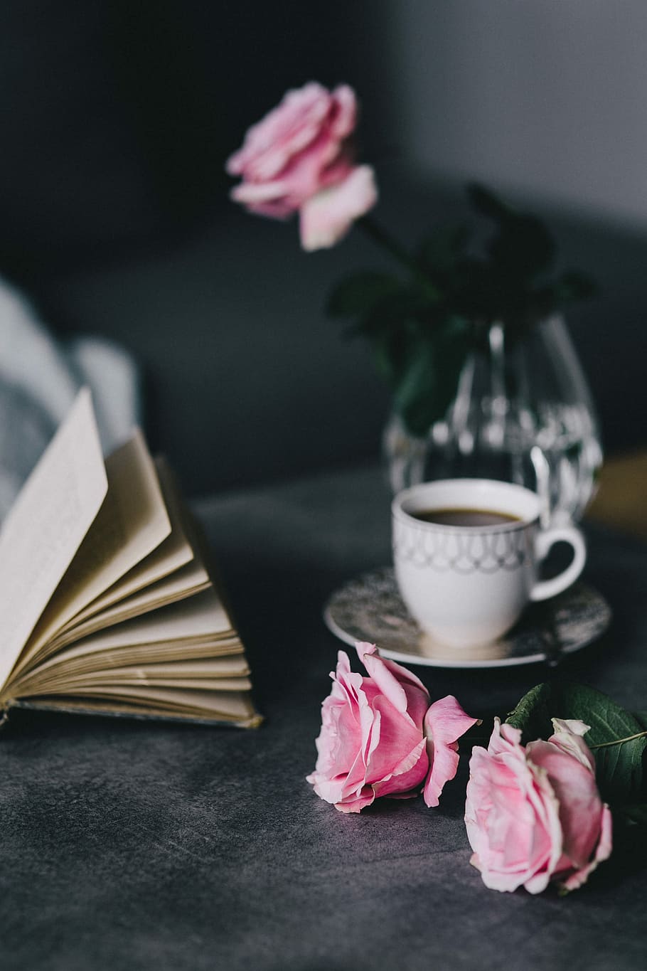 Lovely roseses, book and coffee, interior, resting, relax, essentials