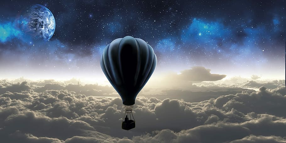 blue hot air balloon, sky, travel, outer space, outdoors, adventures