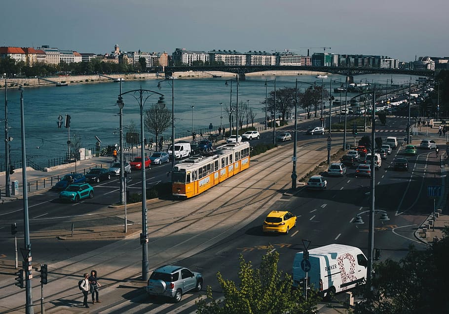 hungary, budapest, danube, tram, yellow, street, water, day HD wallpaper