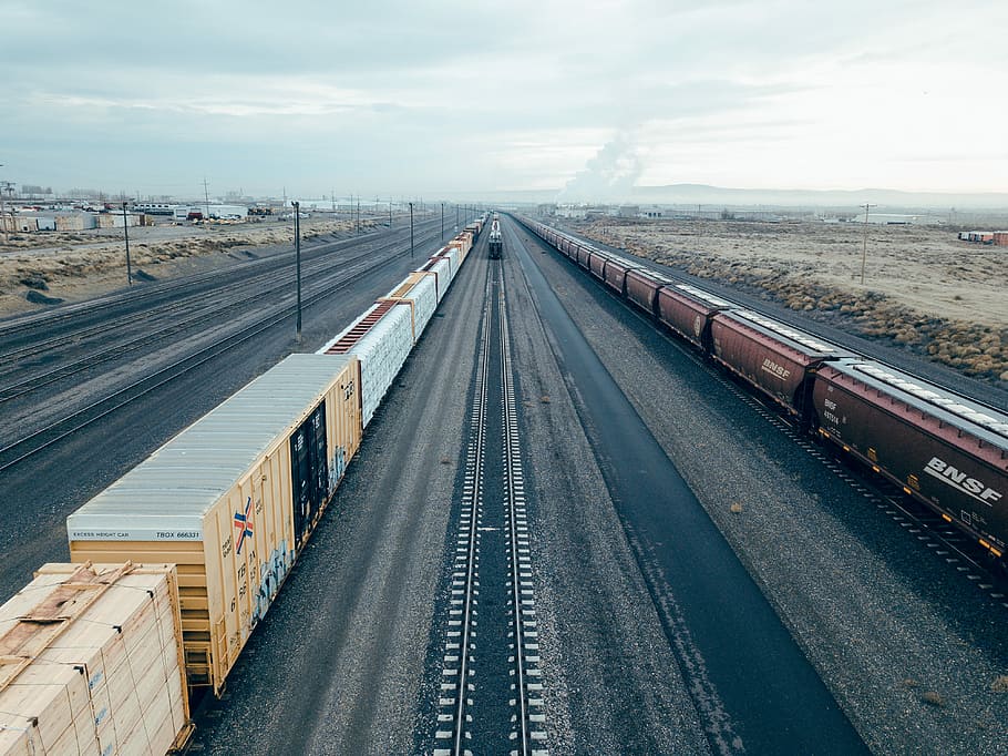 brown train during daytime, untitled, train tracks, train wagons HD wallpaper