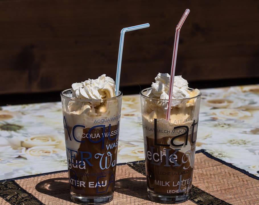 two frappe-filled glasses, iced coffee, refreshment, drink, cocktail