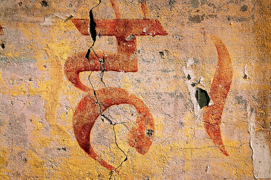 beige, yellow, and red text wall painting, texture, devanagari HD wallpaper
