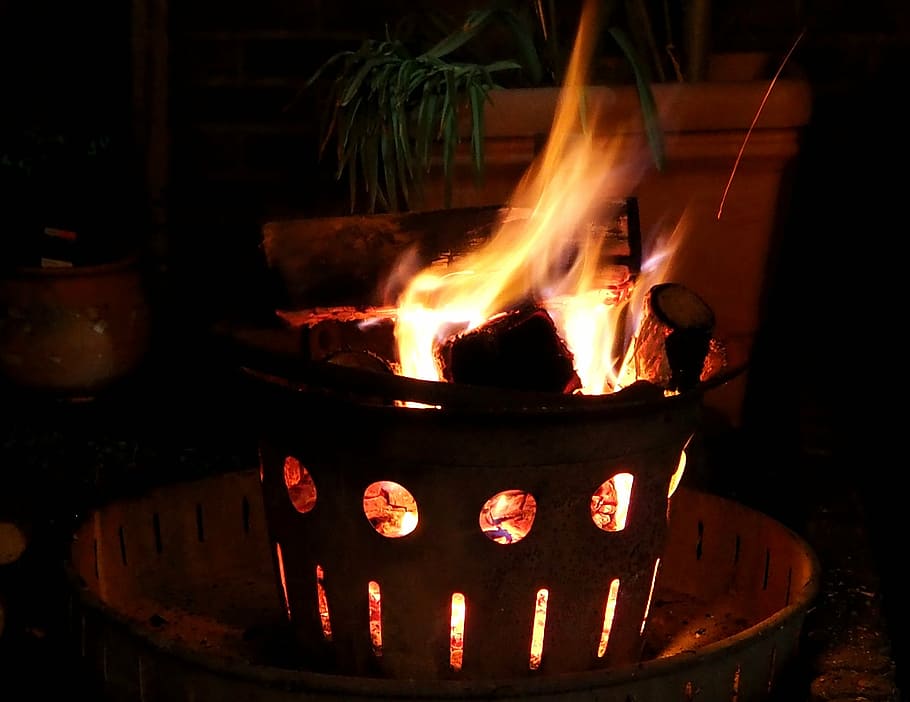 fire, fire bowl, garden, flame, burn, hot, blaze, heat, burning HD wallpaper