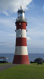 Lighthouse, Sea, White, Port, red, seafaring, shipping, beach HD wallpaper